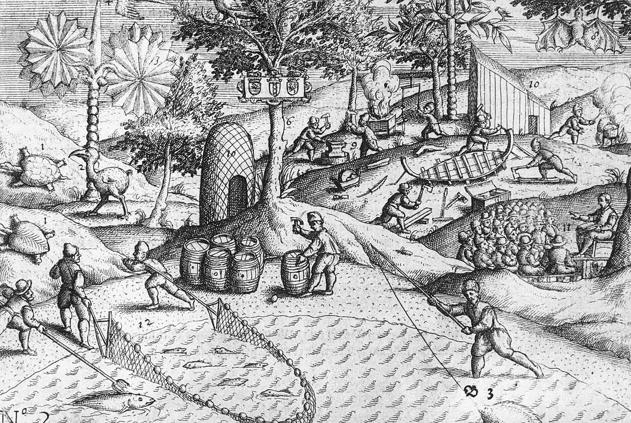 Copper engraving of Dutch activity on Mauritius in 1598